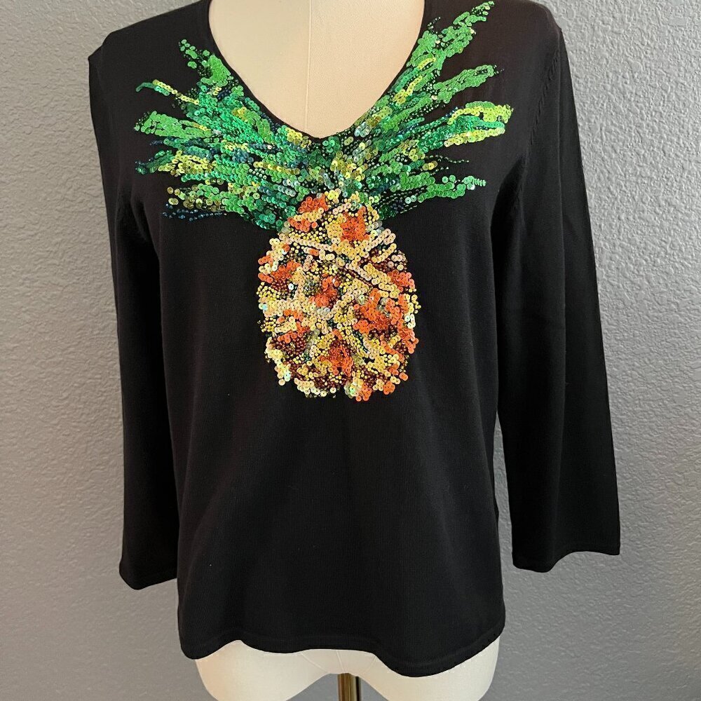 MICHAEL SIMON Vintage Beaded PINEAPPLE Sweater Top Hawaii Hospitality -EUC - M